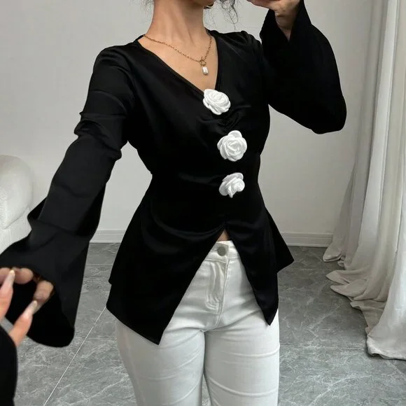 Black Elegant Women's Flowered V-Neck Flare Sleeve Waisted Long Sleeve Blouse - Picture 1 of 6